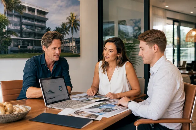 Boutique real estate team reviewing property evidence together